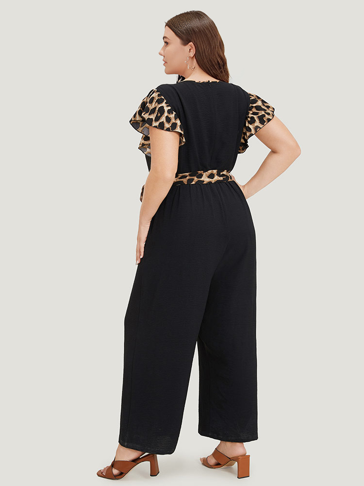 Plus Size Black Leopard Patchwork Pocket Belted Ruffle Sleeve Jumpsuit Women Office Sleeveless Round Neck Work Loose Jumpsuits BloomChic 18-20/2X 