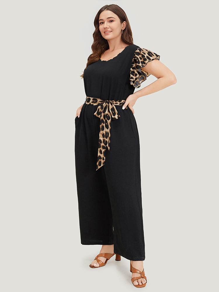 Plus Size Black Leopard Patchwork Pocket Belted Ruffle Sleeve Jumpsuit Women Office Sleeveless Round Neck Work Loose Jumpsuits BloomChic 18-20/2X 