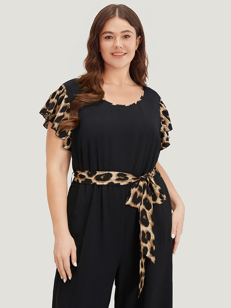 Plus Size Black Leopard Patchwork Pocket Belted Ruffle Sleeve Jumpsuit Women Office Sleeveless Round Neck Work Loose Jumpsuits BloomChic 18-20/2X 