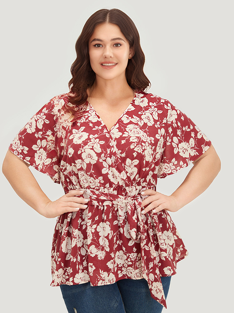 

Plus Size Burgundy Silhouette Floral Print Wrap Belted Flutter Blouse Women Elegant Short sleeve V-neck Dailywear Blouses BloomChic