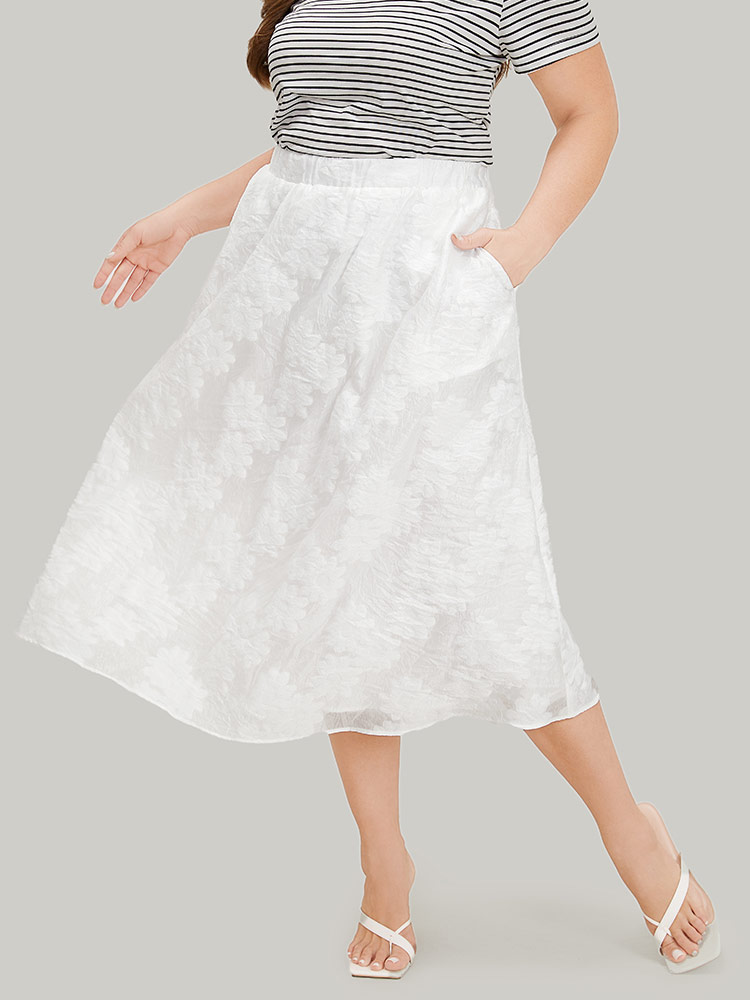Plus Size Solid Floral Print Pocket Midi Skirt Women White Elegant Heather No stretch Pocket Dailywear Skirts BloomChic 22-24/3X 