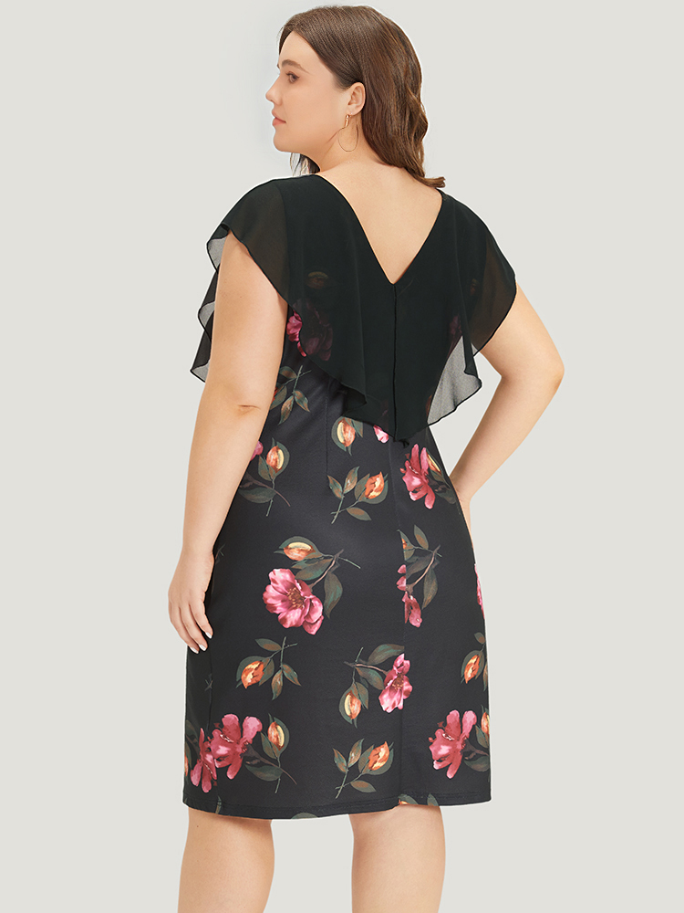Plus Size Floral Print Flutter Trim Patchwork Dress Black Women Glamour See through Round Neck Sleeveless Curvy Knee Dress BloomChic 18-20/2X 