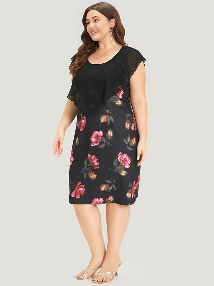 Plus Size Floral Print Flutter Trim Patchwork Dress Black Women Glamour See through Round Neck Sleeveless Curvy Knee Dress BloomChic 18-20/2X 