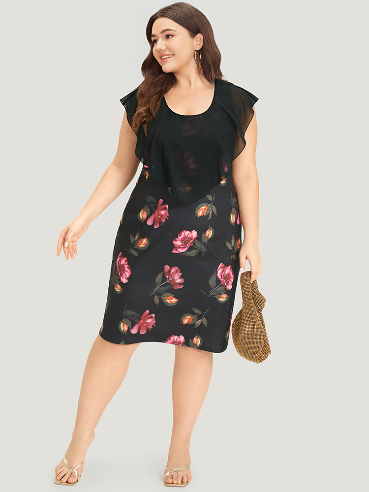Plus Size Floral Print Flutter Trim Patchwork Dress Black Women Glamour See through Round Neck Sleeveless Curvy Knee Dress BloomChic 18-20/2X 