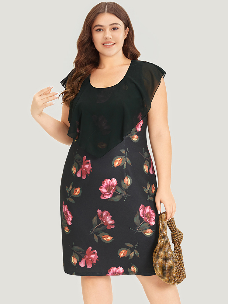 Plus Size Floral Print Flutter Trim Patchwork Dress Black Women Glamour See through Round Neck Sleeveless Curvy Knee Dress BloomChic 18-20/2X 