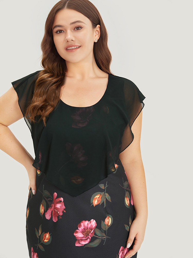 Plus Size Floral Print Flutter Trim Patchwork Dress Black Women Glamour See through Round Neck Sleeveless Curvy Knee Dress BloomChic 18-20/2X 