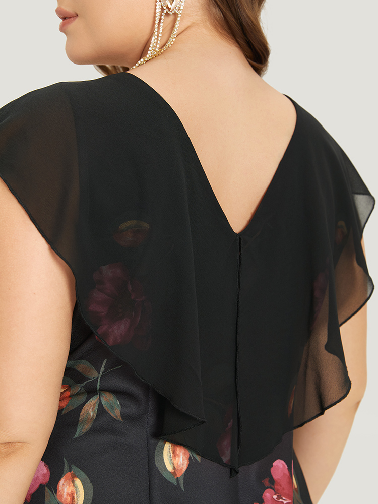 Plus Size Floral Print Flutter Trim Patchwork Dress Black Women Glamour See through Round Neck Sleeveless Curvy Knee Dress BloomChic 18-20/2X 