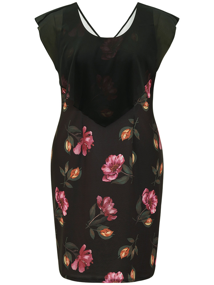 Plus Size Floral Print Flutter Trim Patchwork Dress Black Women Glamour See through Round Neck Sleeveless Curvy Knee Dress BloomChic 18-20/2X 