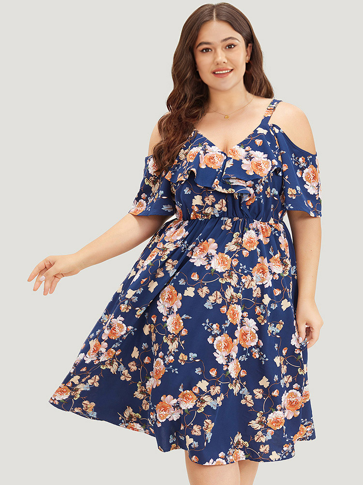 

Plus Size Floral Print Ruffle Trim Elastic Waist Cold Shoulder Dress Indigo Women Elegant Adjustable Straps V-neck Short sleeve Curvy Midi Dress BloomChic