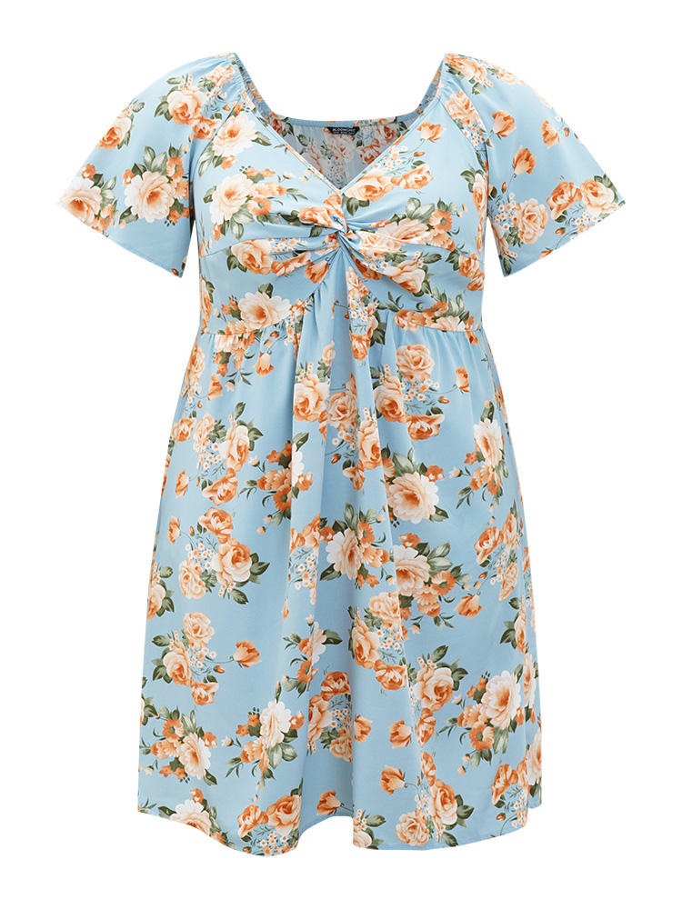 

Plus Size Floral Print Twist Front Ruffle Sleeve Ruffles Dress LightBlue Women Elegant Gathered V-neck Short sleeve Curvy Knee Dress BloomChic