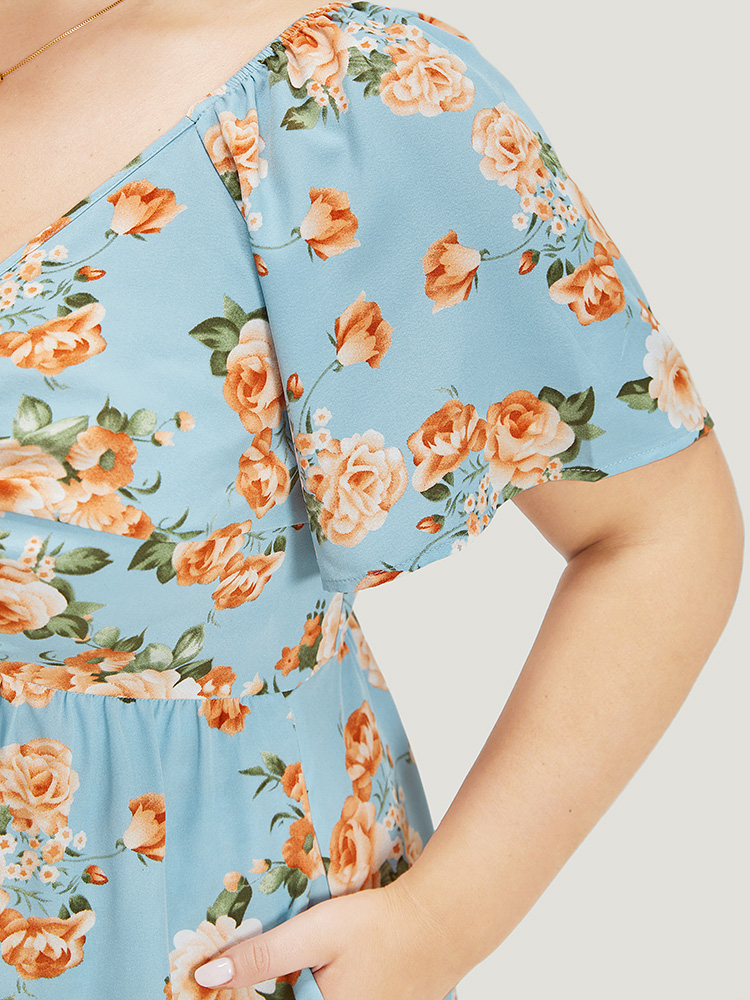 Plus Size Floral Print Twist Front Ruffle Sleeve Ruffles Dress LightBlue Women Elegant Gathered V-neck Short sleeve Curvy Knee Dress BloomChic 18-20/2X 