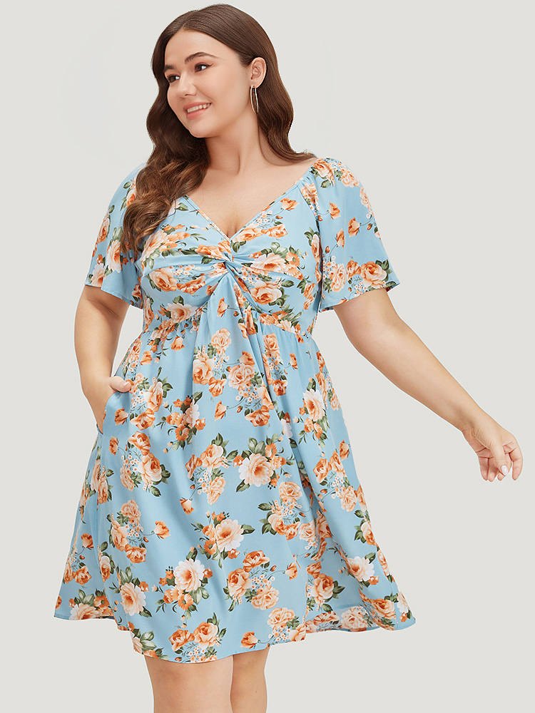 Plus Size Floral Print Twist Front Ruffle Sleeve Ruffles Dress LightBlue Women Elegant Gathered V-neck Short sleeve Curvy Knee Dress BloomChic 18-20/2X 