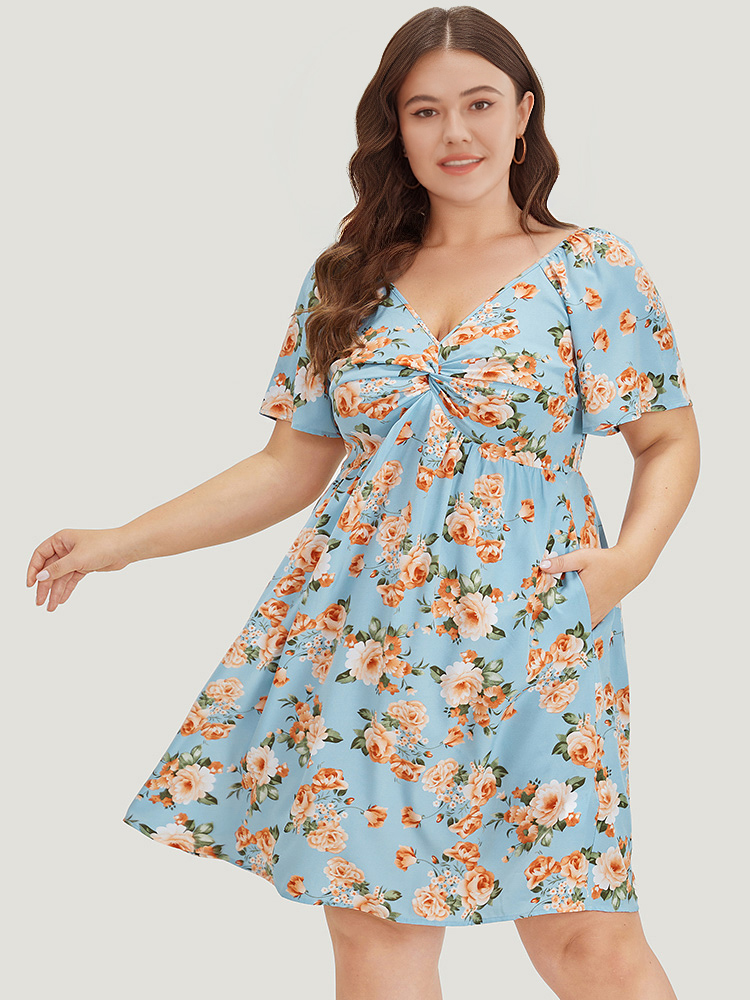 

Plus Size Floral Print Twist Front Ruffle Sleeve Ruffles Dress LightBlue Women Elegant Gathered V-neck Short sleeve Curvy Knee Dress BloomChic