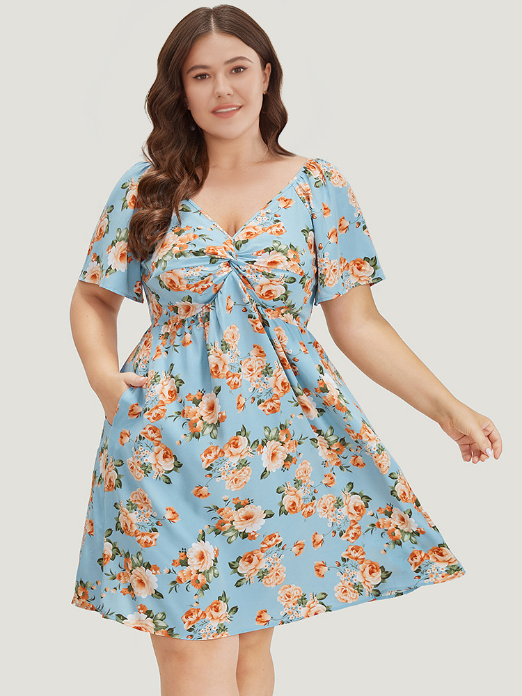 Plus Size Floral Print Twist Front Ruffle Sleeve Ruffles Dress LightBlue Women Elegant Gathered V-neck Short sleeve Curvy Knee Dress BloomChic 18-20/2X 