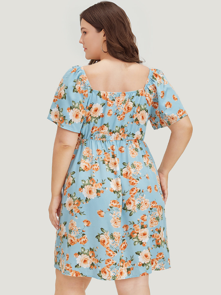 Plus Size Floral Print Twist Front Ruffle Sleeve Ruffles Dress LightBlue Women Elegant Gathered V-neck Short sleeve Curvy Knee Dress BloomChic 18-20/2X 