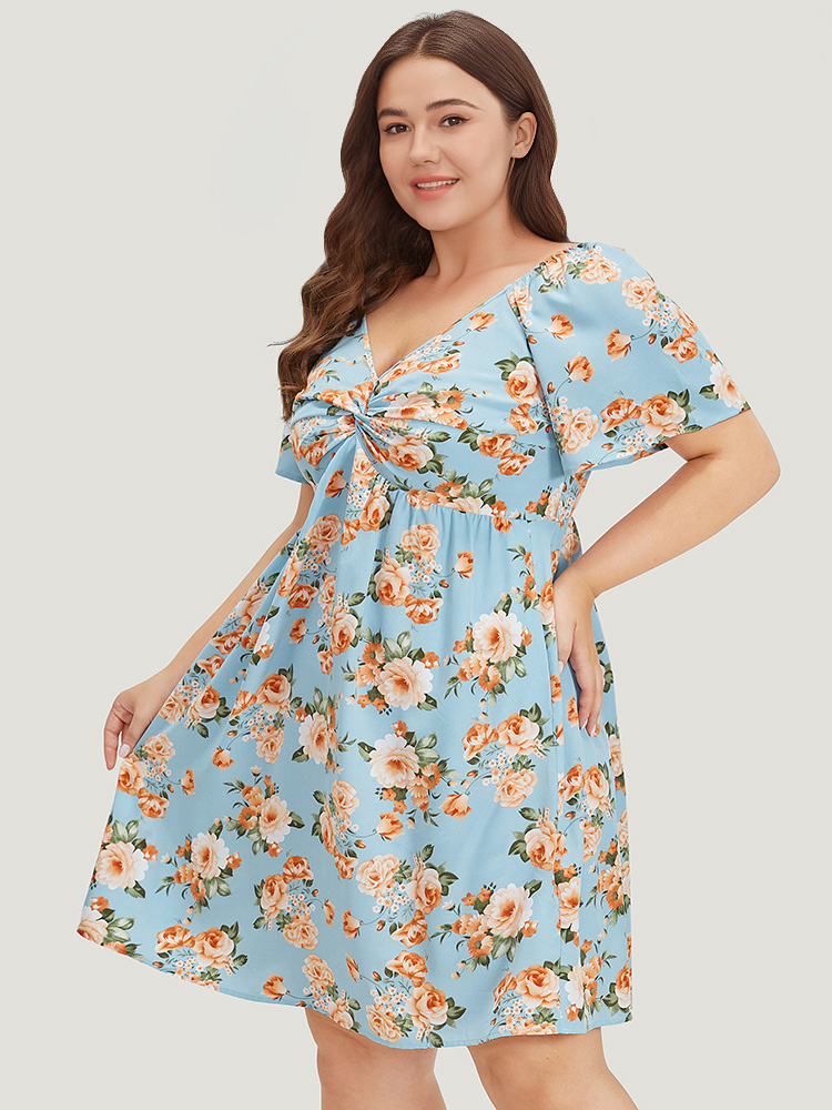 Plus Size Floral Print Twist Front Ruffle Sleeve Ruffles Dress LightBlue Women Elegant Gathered V-neck Short sleeve Curvy Knee Dress BloomChic 18-20/2X 