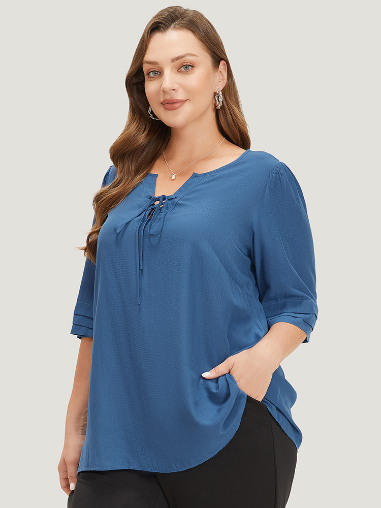 Plus Size Women Work Plain Cross straps Regular Sleeve Half Sleeve Tie Neck Office Blouses BloomChic 