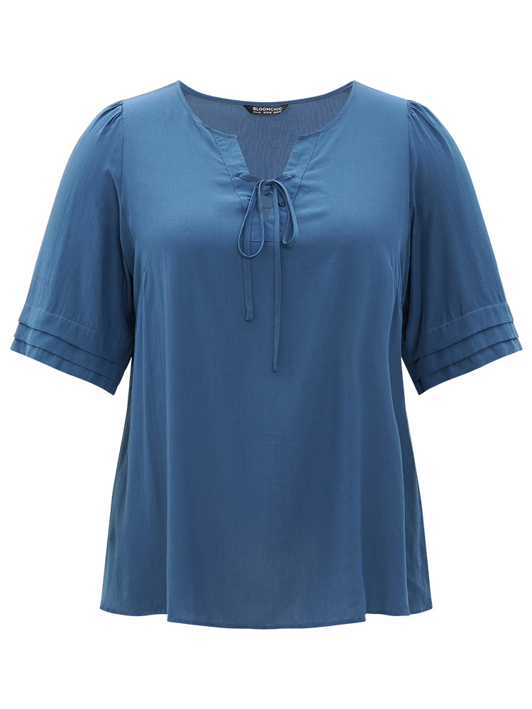 Plus Size Women Work Plain Cross straps Regular Sleeve Half Sleeve Tie Neck Office Blouses BloomChic 