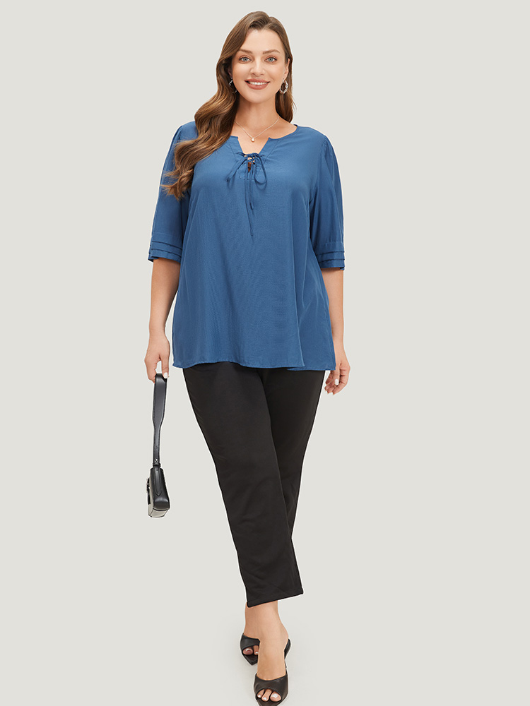 Plus Size Women Work Plain Cross straps Regular Sleeve Half Sleeve Tie Neck Office Blouses BloomChic 