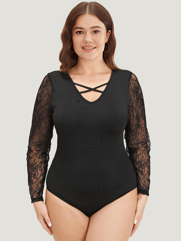 

Plus Size Plain Lace Mesh Patchwork Crisscross Bodysuit Women Black Plain Patchwork Bodysuits BloomChic