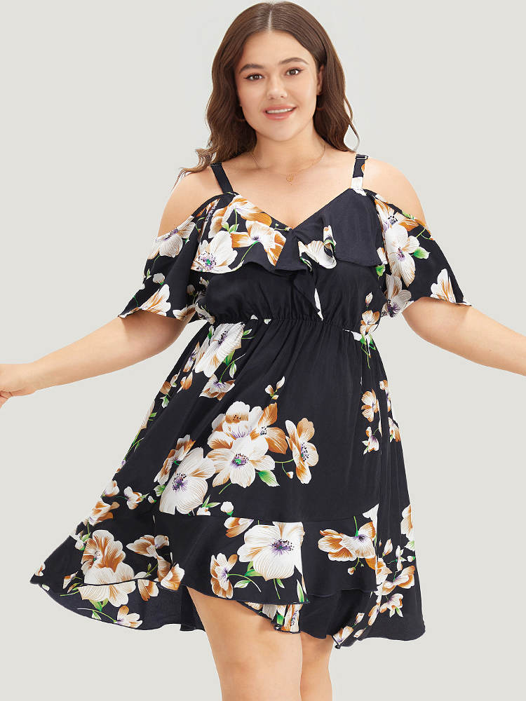 

Plus Size Floral Print Ruffle Trim Asymmetrical Hem Cold Shoulder Dress Indigo Women Elegant Adjustable Straps Cold Shoulder Short sleeve Curvy Knee Dress BloomChic