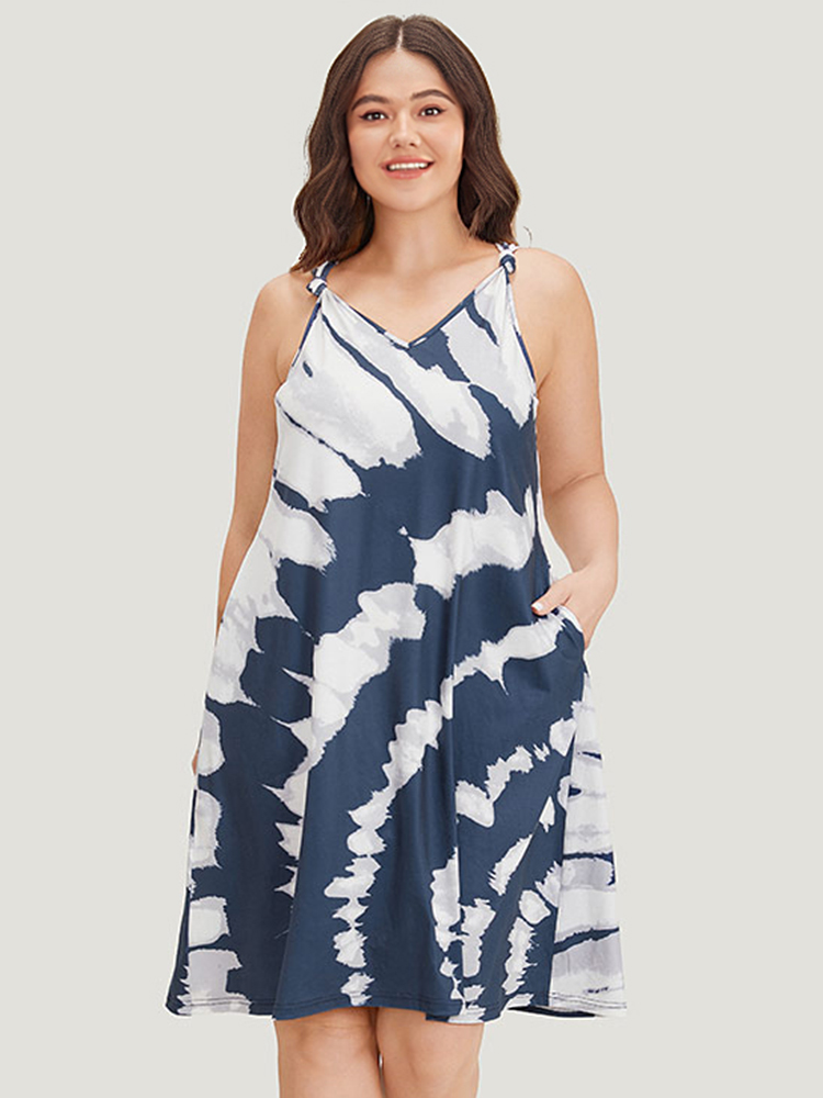 

Plus Size Tie Dye Pocket Bowknot Cami Dress Blue Women Casual Tie Dye Spaghetti Strap Sleeveless Curvy Midi Dress BloomChic