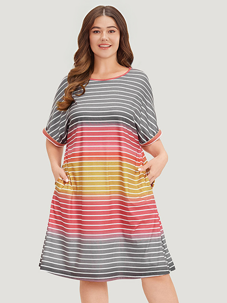Plus Size Striped Contrast Roll Pocket Dolman Sleeve Dress Multicolor Women Casual Plain Round Neck Short sleeve Curvy Knee Dress BloomChic 28/5X 
