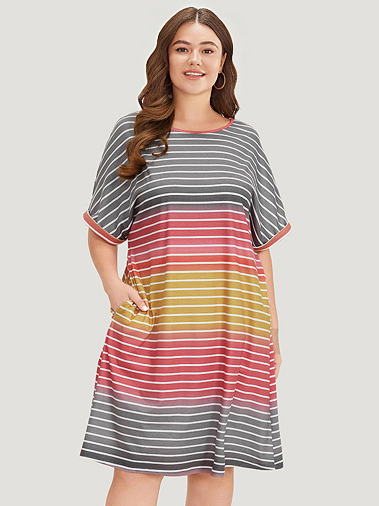 Plus Size Striped Contrast Roll Pocket Dolman Sleeve Dress Multicolor Women Casual Plain Round Neck Short sleeve Curvy Knee Dress BloomChic 28/5X 