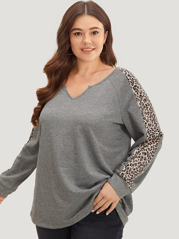 

Plus Size Leopard Patchwork Notched Raglan Sleeve Sweatshirt Women Gray Casual Patchwork Notched collar Dailywear Sweatshirts BloomChic