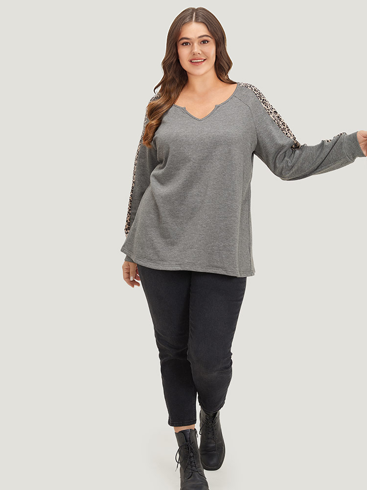 Plus Size Leopard Patchwork Notched Raglan Sleeve Sweatshirt Women Gray Casual Patchwork Notched collar Dailywear Sweatshirts BloomChic 14-16/1X 