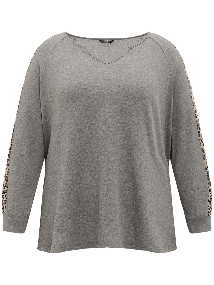Plus Size Leopard Patchwork Notched Raglan Sleeve Sweatshirt Women Gray Casual Patchwork Notched collar Dailywear Sweatshirts BloomChic 14-16/1X 