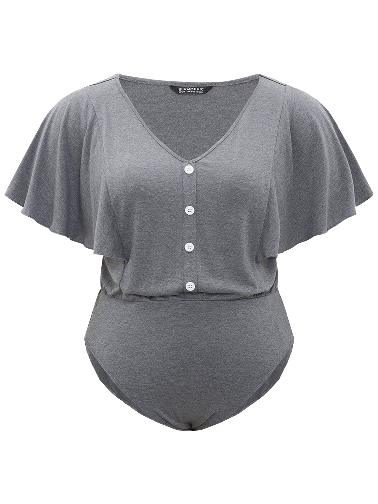 

Plus Size Plain Button Detail Flutter Sleeve Bodysuit Women DimGray Plain Elastic Waist Bodysuits BloomChic