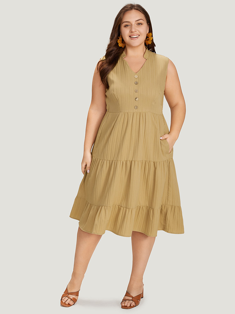 

Plus Size Textured Button Detail Ruffle Layered Hem Sleeveless Dress LightBrown Women Elegant Button Stand-up collar Sleeveless Curvy Midi Dress BloomChic