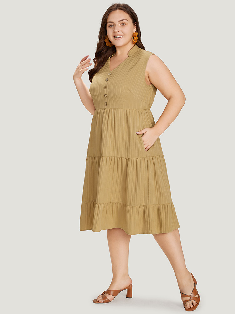 Plus Size Women Dailywear Striped Button Sleeveless Sleeveless Stand-up collar Pocket Elegant Dresses BloomChic 