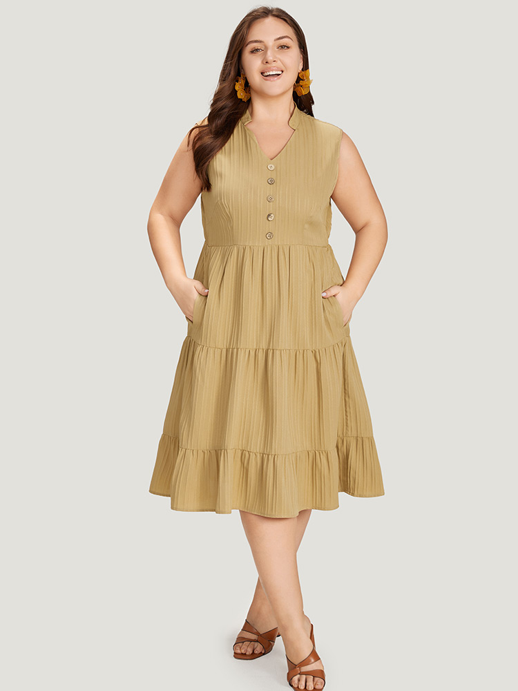 Plus Size Women Dailywear Striped Button Sleeveless Sleeveless Stand-up collar Pocket Elegant Dresses BloomChic 