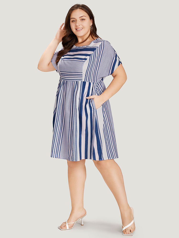 

Plus Size Striped Print Patchwork Ruffle Sleeve Ruched Dress DarkBlue Women Vacation Round Neck Short sleeve Curvy Knee Dress BloomChic