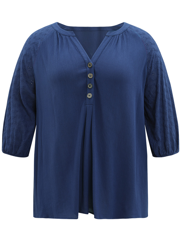 

Plus Size Indigo Solid Button Up Patchwork Notched Lantern Sleeve Blouse Women Office Elbow-length sleeve Notched collar Work Blouses BloomChic