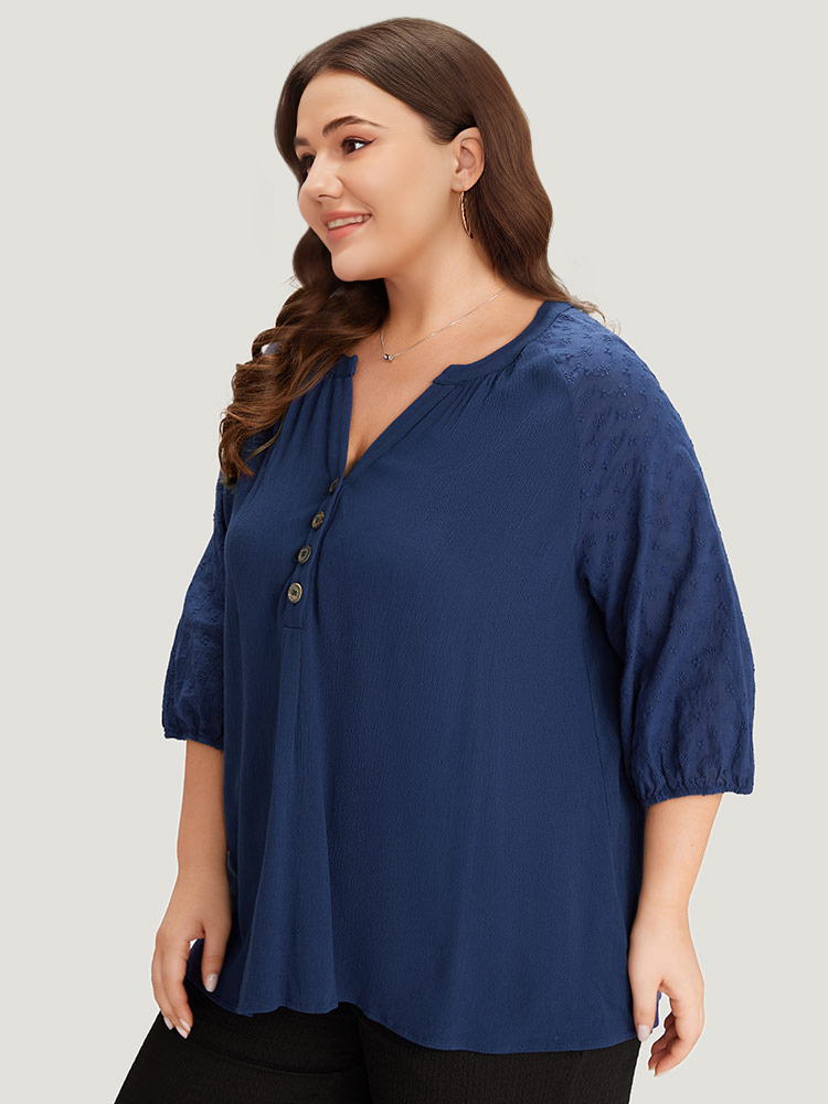 Plus Size Women Work Plain Gathered Lantern Sleeve Elbow-length sleeve Notched collar Office Blouses BloomChic 