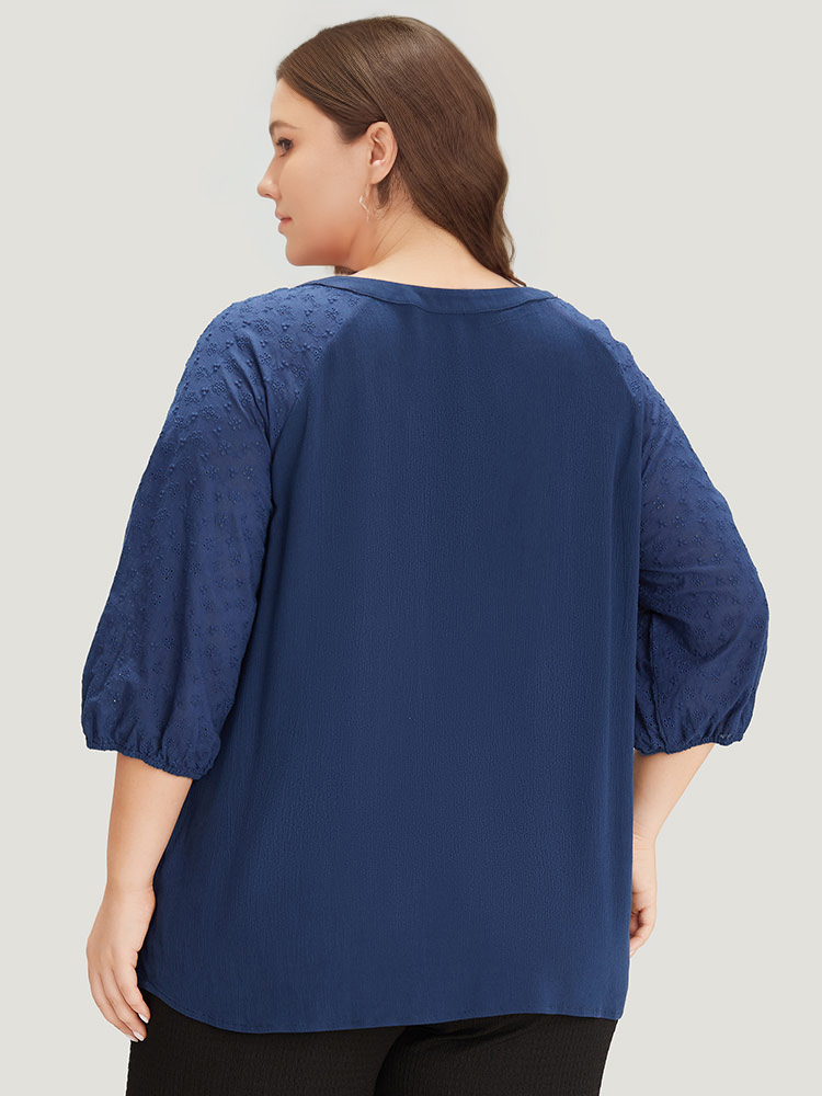 Plus Size Women Work Plain Gathered Lantern Sleeve Elbow-length sleeve Notched collar Office Blouses BloomChic 