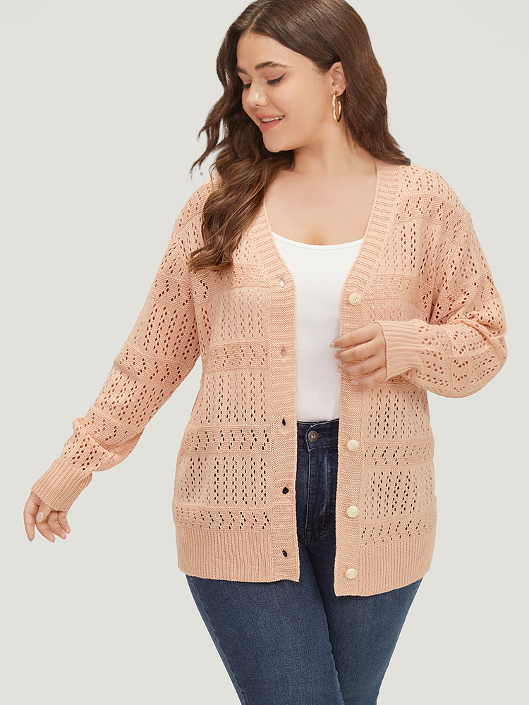 

Plus Size Supersoft Essentials Geometric Eyelet Button Through Drop Shoulder Cardigan MistyRose Women Casual Bodycon Long Sleeve Everyday Cardigans BloomChic