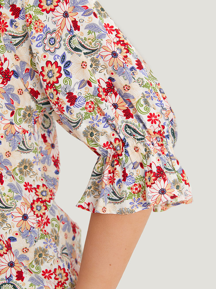 Plus Size Women Dailywear Bohemian Print Button Lantern Sleeve Half Sleeve Round Neck Vacation Blouses BloomChic 