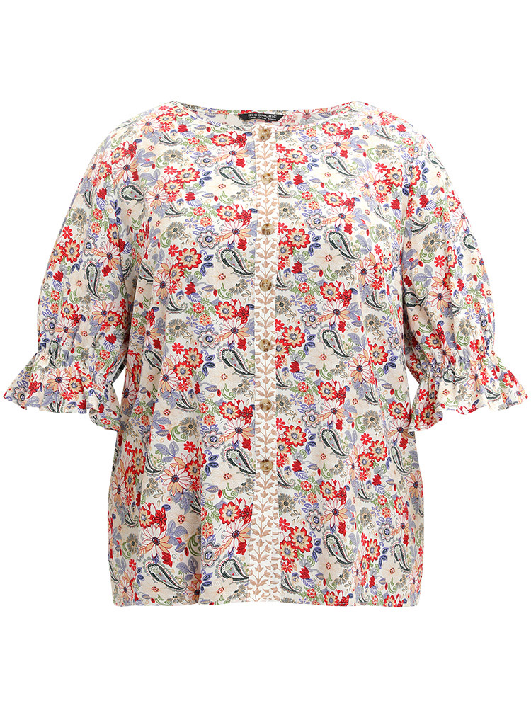 Plus Size Women Dailywear Bohemian Print Button Lantern Sleeve Half Sleeve Round Neck Vacation Blouses BloomChic 