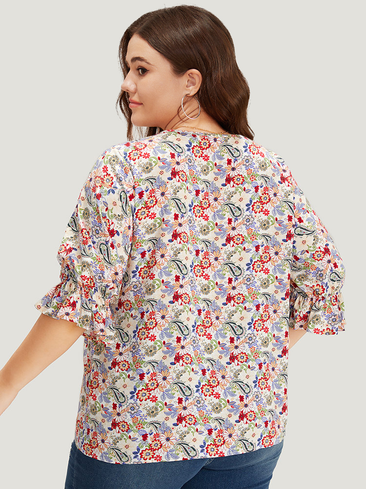 Plus Size Women Dailywear Bohemian Print Button Lantern Sleeve Half Sleeve Round Neck Vacation Blouses BloomChic 