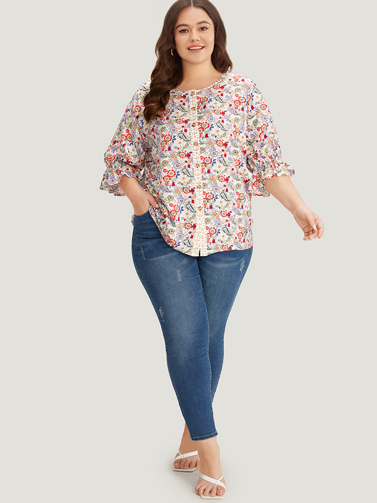 Plus Size Women Dailywear Bohemian Print Button Lantern Sleeve Half Sleeve Round Neck Vacation Blouses BloomChic 