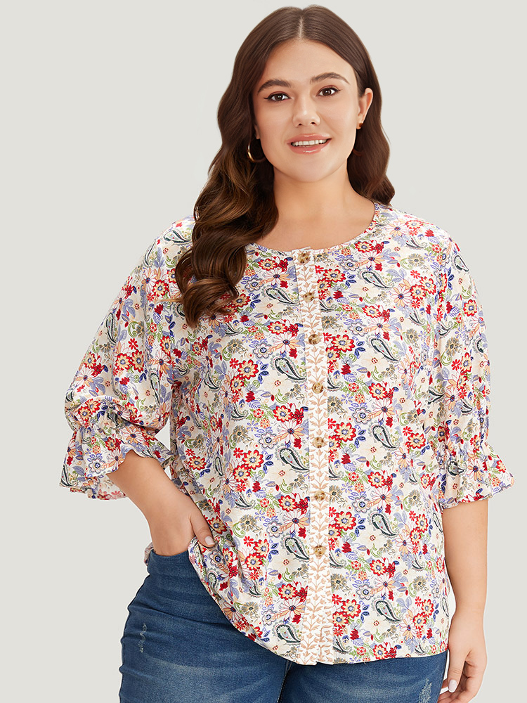 Plus Size Women Dailywear Bohemian Print Button Lantern Sleeve Half Sleeve Round Neck Vacation Blouses BloomChic 