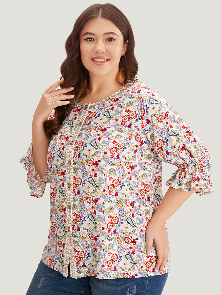 Plus Size Women Dailywear Bohemian Print Button Lantern Sleeve Half Sleeve Round Neck Vacation Blouses BloomChic 