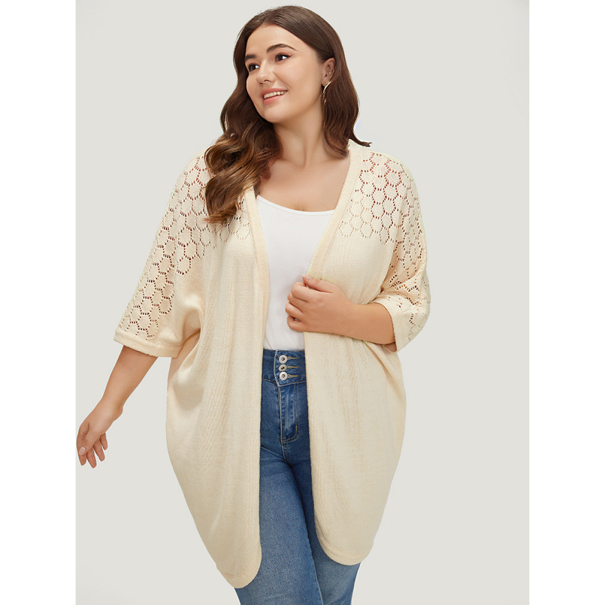 

Plus Size Solid Batwing Sleeve Cut Out Open Front Cardigan Apricot Women Casual Short sleeve Dailywear Cardigans BloomChic