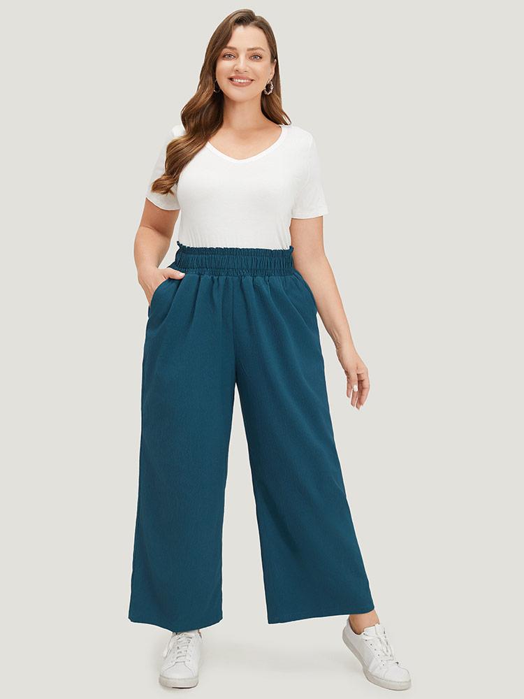 

Plus Size Plain Textured Shirred Elastic Waist Pocket Pants Women Aegean Casual Straight Leg High Rise Dailywear Pants BloomChic
