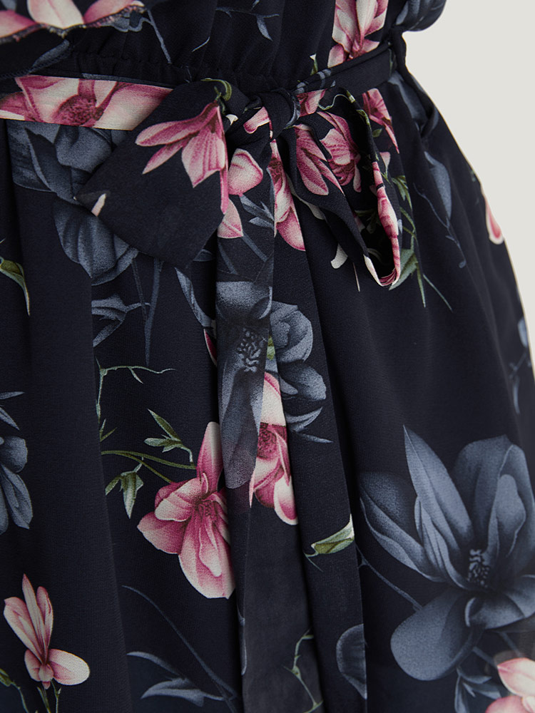 Plus Size Multicolor Floral Split Batwing Sleeve Wrap Mesh Belted Blouse Women Glamour Cap Sleeve Deep V-neck Going out Blouses BloomChic 10/M 