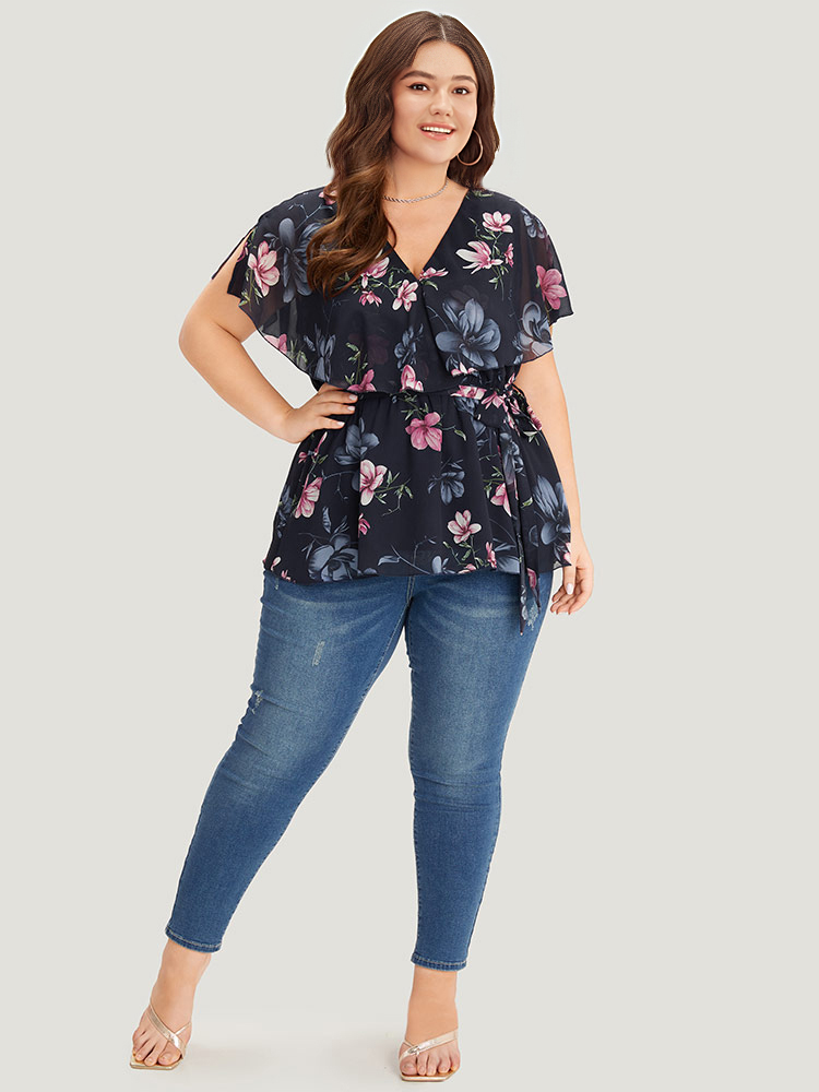 Plus Size Multicolor Floral Split Batwing Sleeve Wrap Mesh Belted Blouse Women Glamour Cap Sleeve Deep V-neck Going out Blouses BloomChic 10/M 